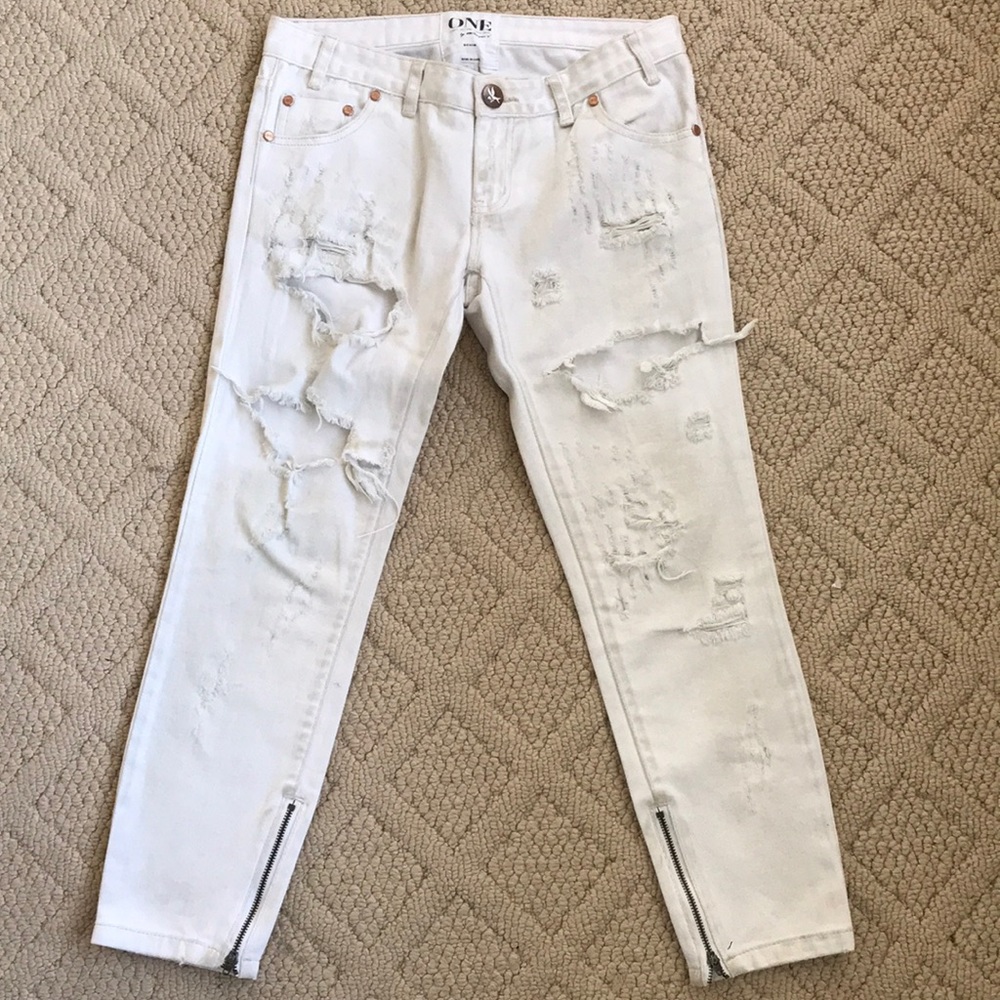 One Teaspoon Distressed Straight Leg White Jeans